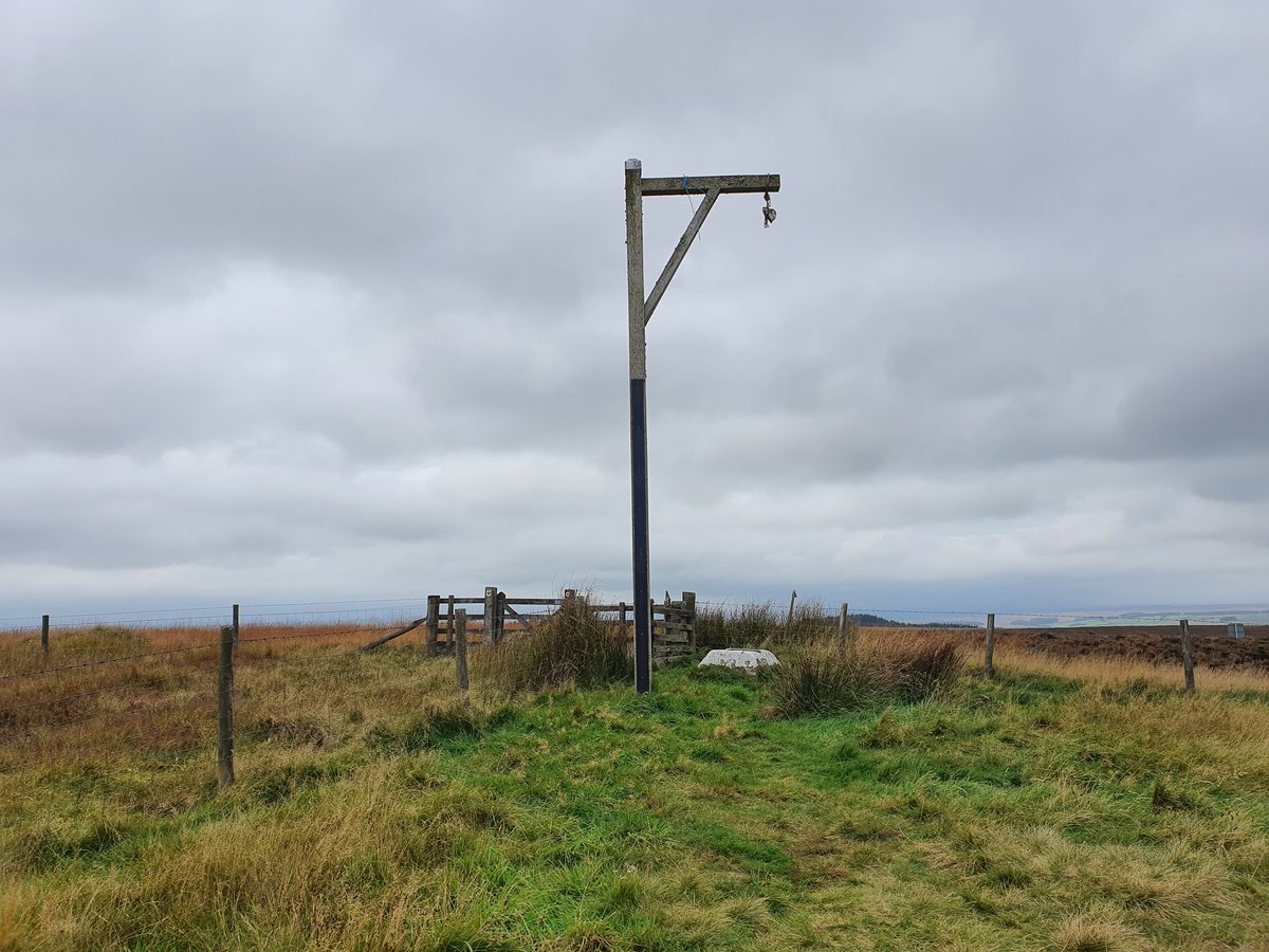 An eerie replica of a gibbet in Northumberland and the surviving base of a medieval cross. Last person hung was William Winter in 1791 for the murder of Margaret Crozier, giving it its name "Winter's Gibbet"