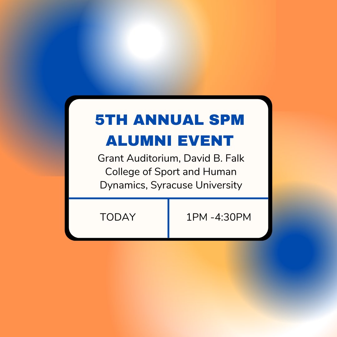 IT’S OFFICIALLY HERE! The 5th Annual SPM Alumni Event is today at 1PM in Grant Auditorium. We cannot wait to see everyone there and are looking forward to an amazing event!! 

#sportsbiz @sufalkcollege @syracuseu <a href="/SUSportMgmt/">SU Falk Sport Mgmt</a>
