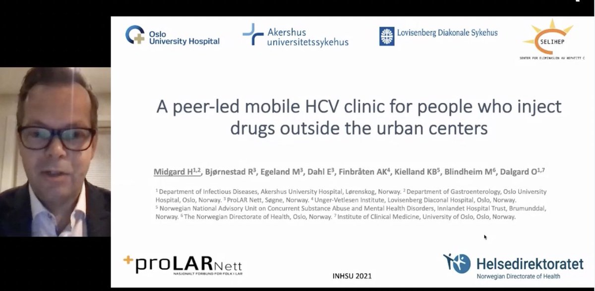 At #INHSU2021 session #Innovations in HepC Testing and Treatment <a href="/HMidgard/">Håvard Midgard</a> presented live #peer #mobile #HCVclinic.