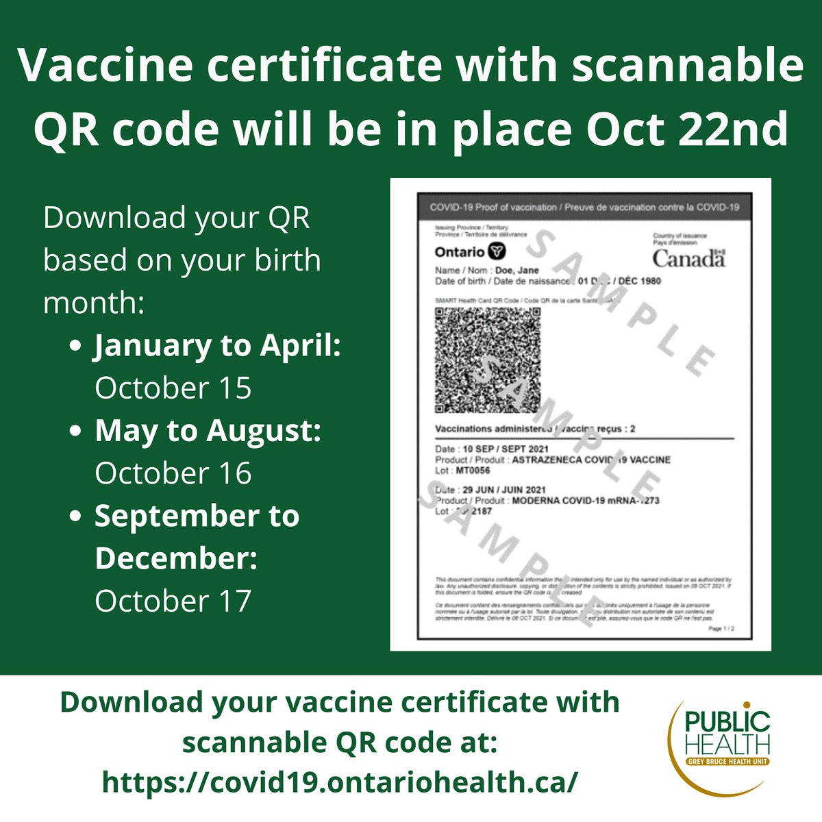 GBPublicHealth's tweet image. Ontario is making the enhanced vaccine certificate with scannable QR code available for download based on an individual's birth month. 
You can also call 1-833-943-3900 to have your certificate emailed or mailed to you.
covid19.ontariohealth.ca