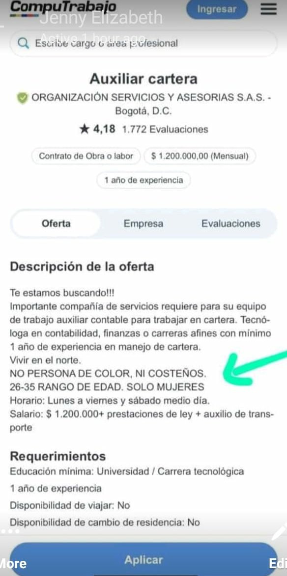 Denunciamos y condenamos este acto de racismo.

¿Por qué se permite la publicación de ofertas laborales con contenido racista? <a href="/CompuTrabajo_co/">CompuTrabajo COL</a>

<a href="/FiscaliaCol/">Fiscalía Colombia</a> <a href="/DefensoriaCol/">Defensoría del Pueblo</a> <a href="/MintrabajoCol/">MinTrabajo</a> <a href="/OITnoticias/">OIT</a> <a href="/ONUHumanRights/">ONU Derechos Humanos Colombia</a> <a href="/CIDH/">CIDH - IACHR</a>