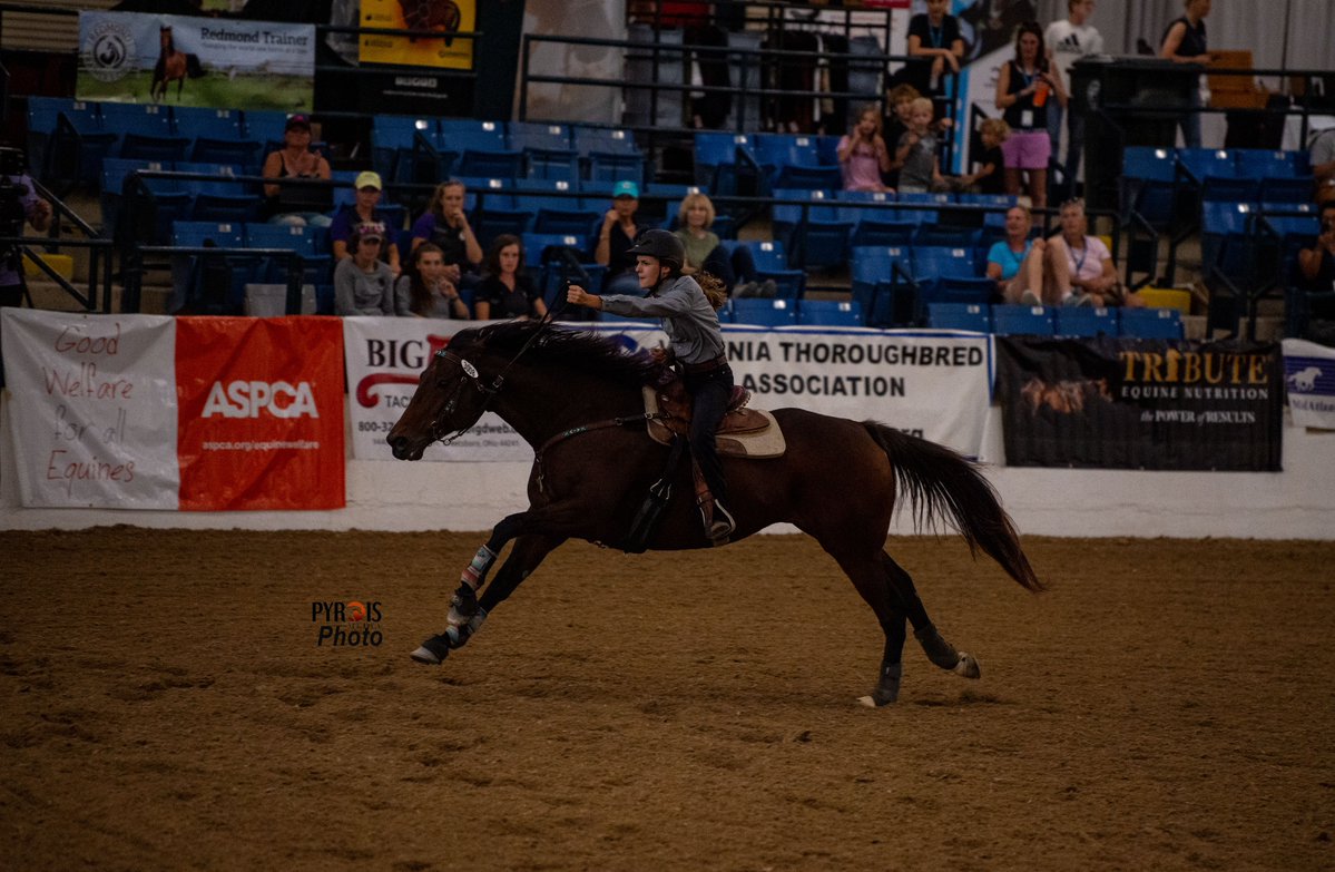 PyroisMedia's tweet photo. As someone who learned to barrel race on a half-Thoroughbred and who loves the breed and seeing them succeed after racing careers, I was proud to have #PyroisMedia co-sponsor the buckles given out to the average winners at last night's T.I.P Championships at @RRP_TBMakeover. https://t.co/mQU5JF5VUV