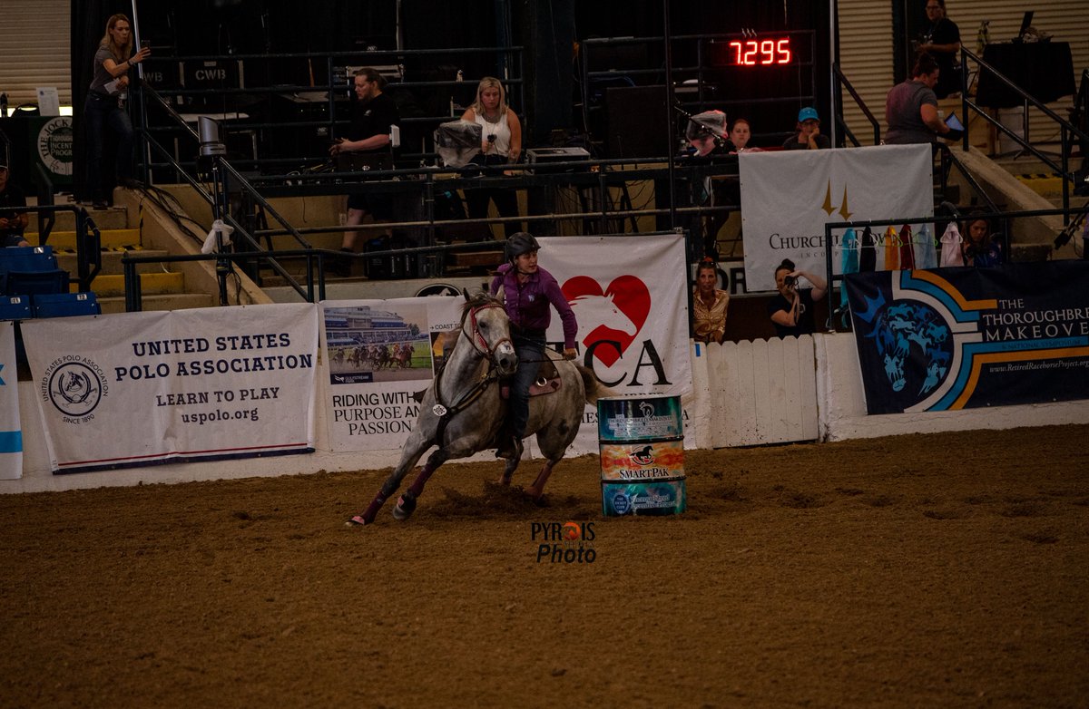 PyroisMedia's tweet photo. As someone who learned to barrel race on a half-Thoroughbred and who loves the breed and seeing them succeed after racing careers, I was proud to have #PyroisMedia co-sponsor the buckles given out to the average winners at last night's T.I.P Championships at @RRP_TBMakeover. https://t.co/mQU5JF5VUV
