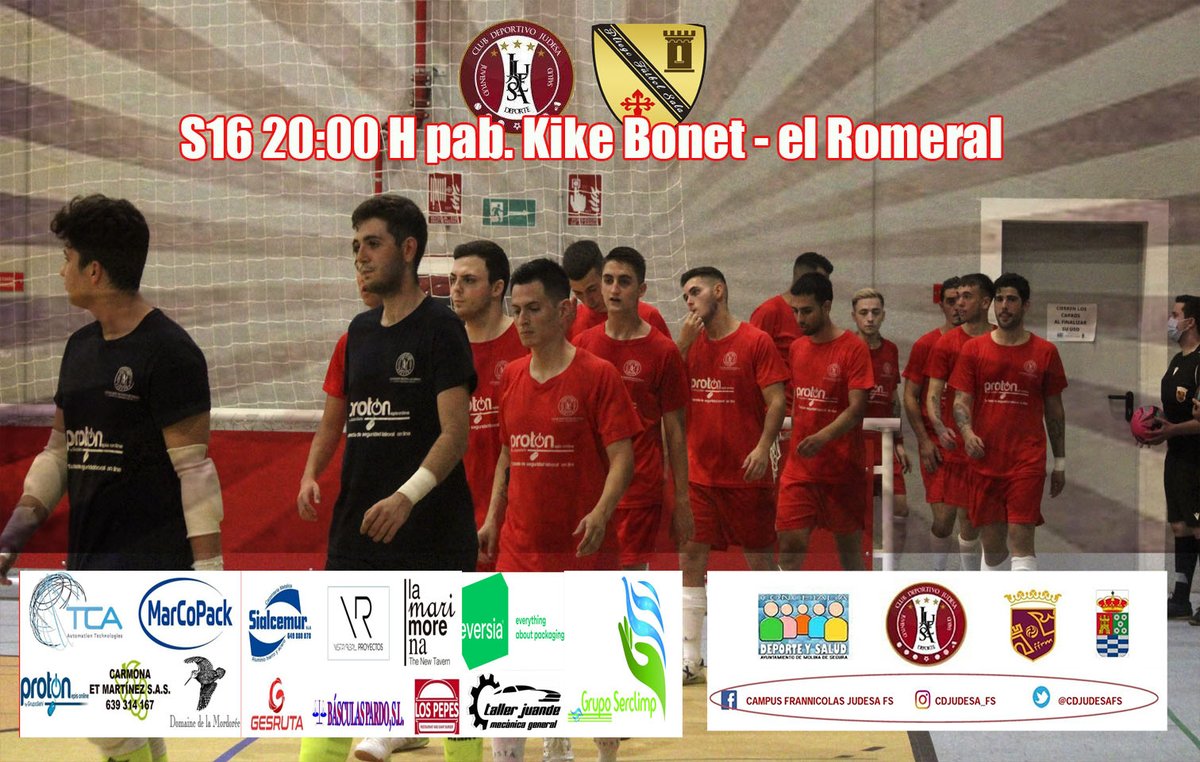 Mañana día de partido 
equipo senior 
jornada 4 
S16 20:00 h pab. Kike Bonet, el Romeral - molina de segura 
CD Judesa fs Serclimp molina y <a href="/PLIEGOFS/">Pliego F.S.</a> 
#somosjudesa #somosfutsal #somosmolina #ayuntdemolinadesegura