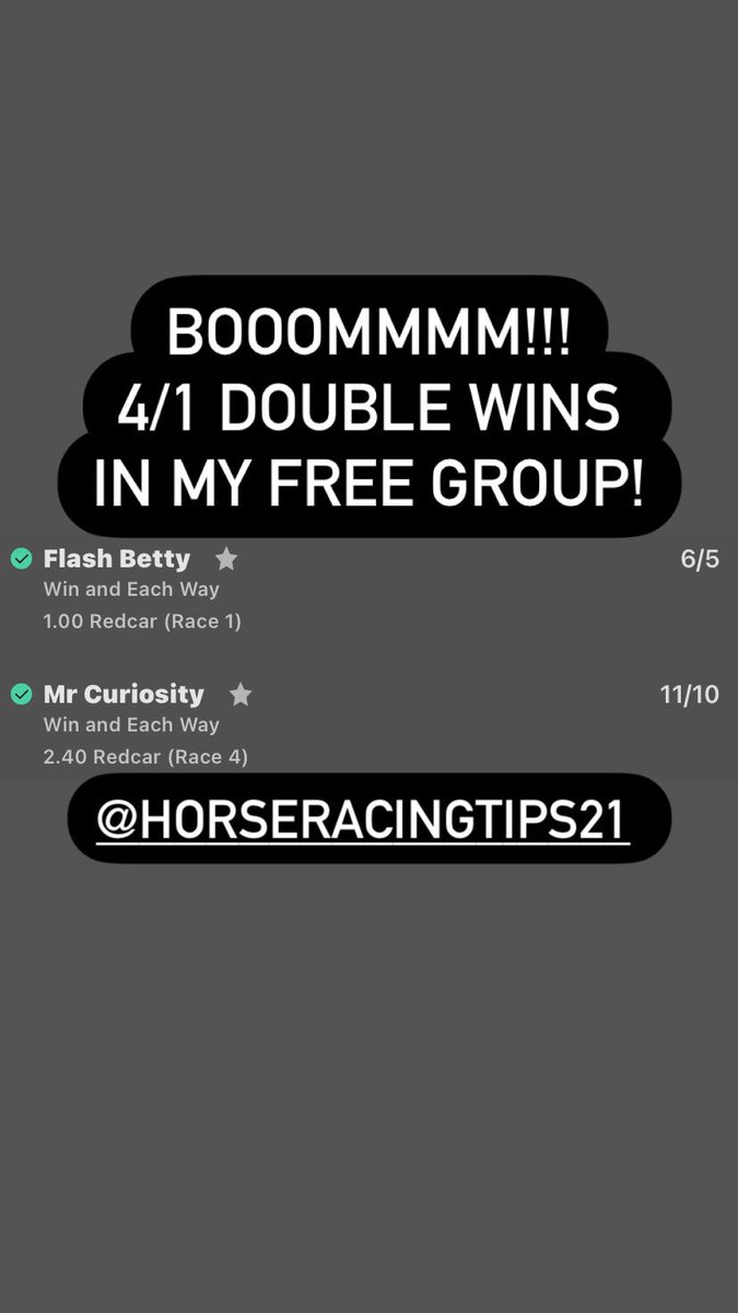 MAX BET WINS ✅✅✅

FREE 4/1 DOUBLE WINS ✅✅✅

My FREE Group⤵️

t.me/HorseTips21