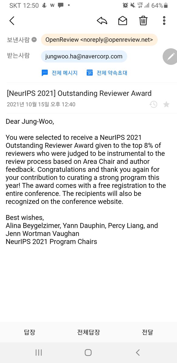 JungWooHa2's tweet photo. I got the outstanding reviwer award at #NeurIPS2021. Extremely meaningful as an AI researcher! It might be possible thanks to the members of #NAVER_AI_LAB and #CLOVA !! https://t.co/HeGveSpSCl