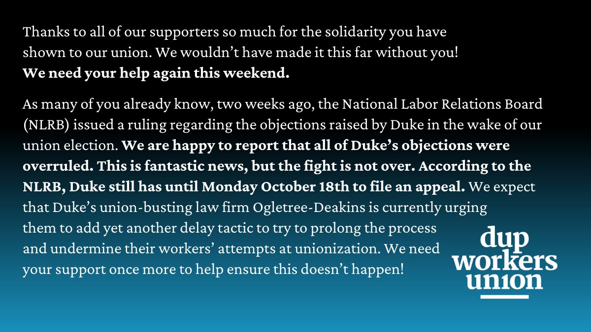 DUPWorkersUnion's tweet photo. Thanks to all of you for the solidarity you've shown to our union! ✊ We need your help again this weekend—can you spare a second for a quick email? ⬇��� https://t.co/3Jq69EU29V