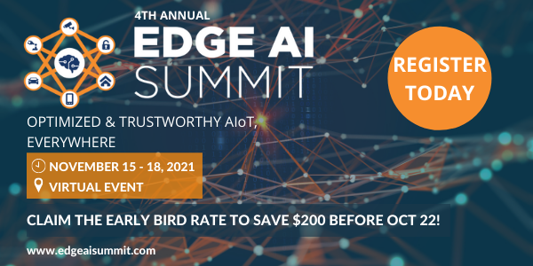 The #EdgeAISummit @KisacoResearchTech is taking place next month from Nov 15-18 as a #virtualevent! 
Secure your pass &amp; save $200 before Oct 22! Plus, quote ECA15 on checkout to receive an extra 15% off! Register today: hubs.ly/H0Zb1D00