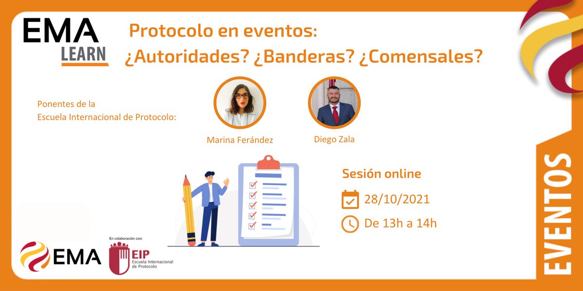 📢2ª y última sesión sobre protocolo con <a href="/GrupoEIP/">Escuela I. Protocolo y Eventos</a>.
💡¿Sabes en qué orden situar autoridades, banderas y comensales?
✔El 28 de octubre, a las 13 h. responderán dos ponentes de excepción: <a href="/MarinaEIP/">Marina Fernandez</a> y <a href="/diegoprotocolo/">Diego Zala</a>
⛔Sólo socios
¿Contamos contigo?
🎟eventmanager.es/evento/ema-lea…