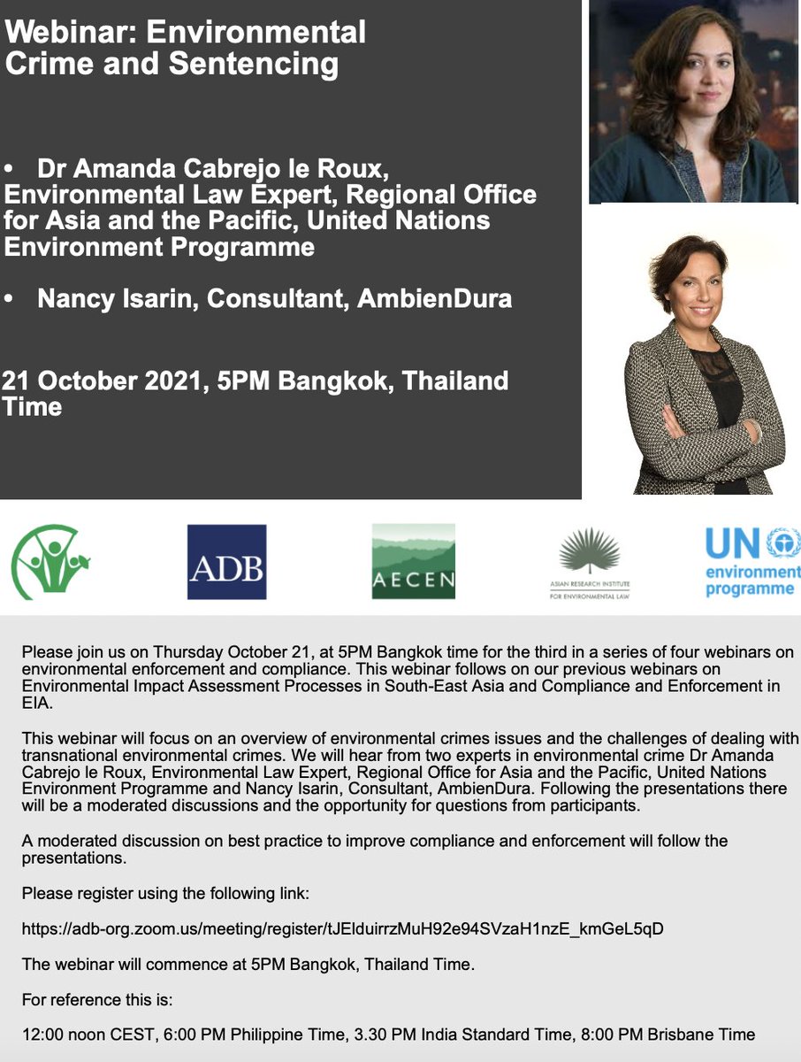 Save the date! Join this #EnvironmentalCrime webinar on 21 October with @Ambiendura  and I discussing global and regional trends and legal and practical challenges. Webinar organised by @ADB_HQ  and @ARIEL with @UNEP_AsiaPac and AECEN. Register here: shorturl.at/gPV18