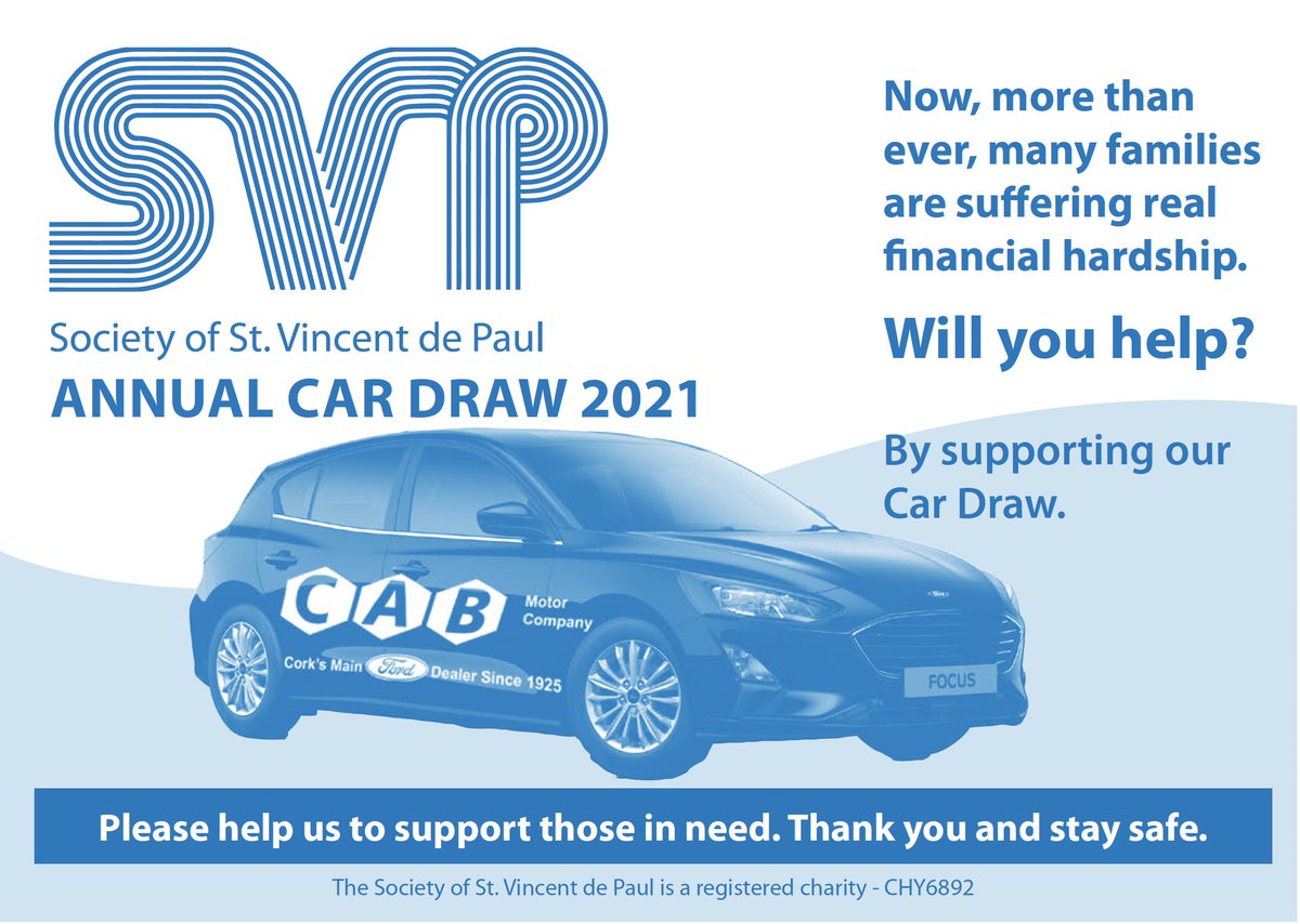 SVP_Ireland's tweet image. Tickets for the @SVP_Ireland SouthWest #CarDraw are now being sent out. Keep an eye on your post box shortly. Support local SVP by buying tickets. In addition to helping #Cork and #Kerry families, you could win a brand-new #Ford Focus Titanium, kindly donated by @CABmotors.