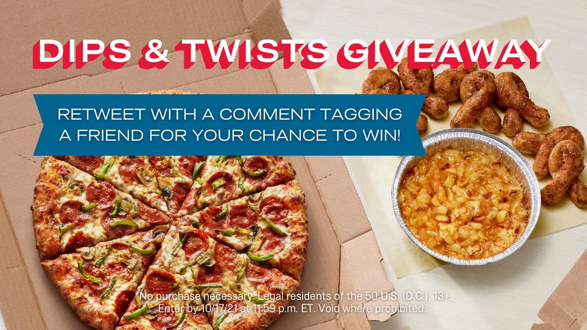 dominos's tweet photo. Want to win FREE Dips &amp; Twists on us? ​

RT with a COMMENT tagging a friend for your chance to win! #WinDominosPizza​

Rules:​ https://t.co/iHaqDEgevl https://t.co/IMBJKcatrk