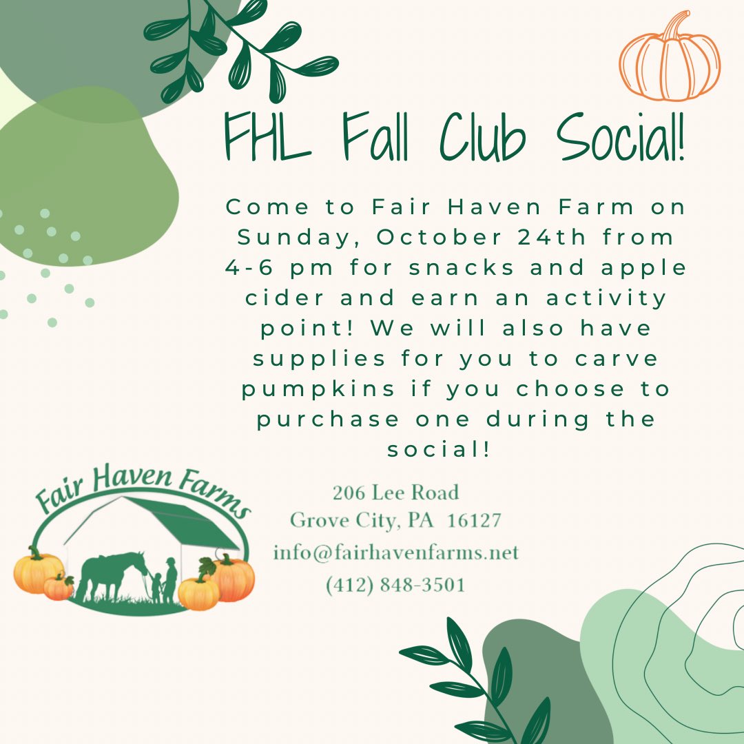 FHL_SRU's tweet photo. Our first club social will be October 24th from 4-6pm at Fair Haven Farms!!! Come join us for snacks and pumpkin carving :) https://t.co/6ai1QW2C55