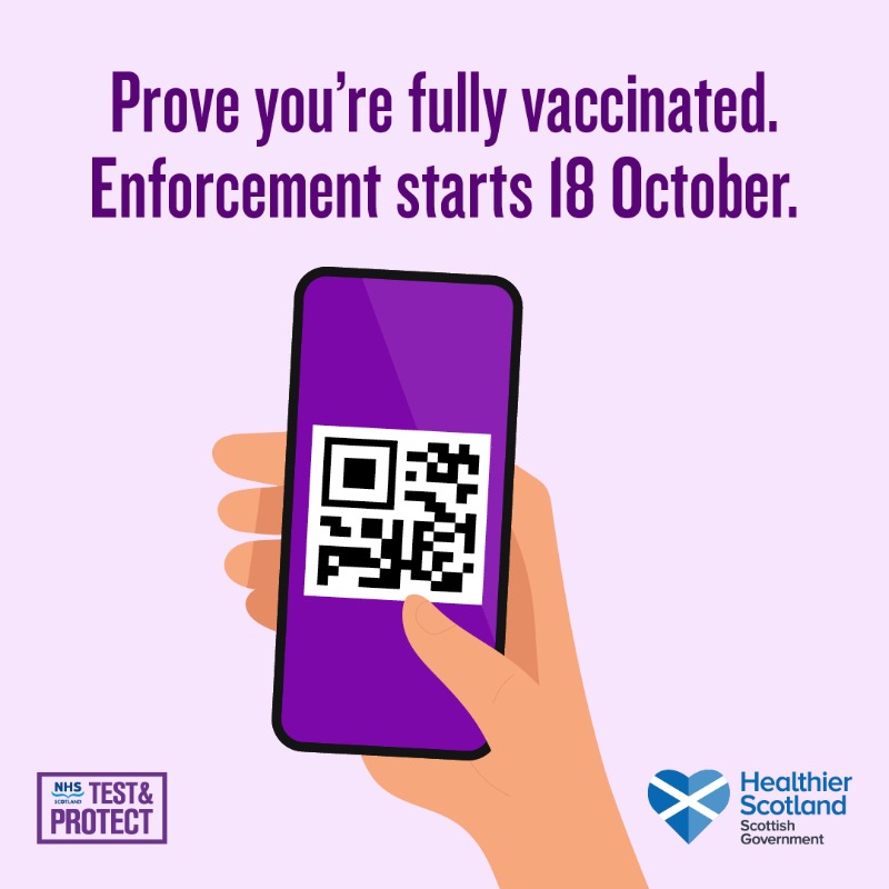 scotgov's tweet photo. The Scottish Government has introduced vaccine certificates. Certain venues and large-scale events now require you to show you’re fully vaccinated to get in.