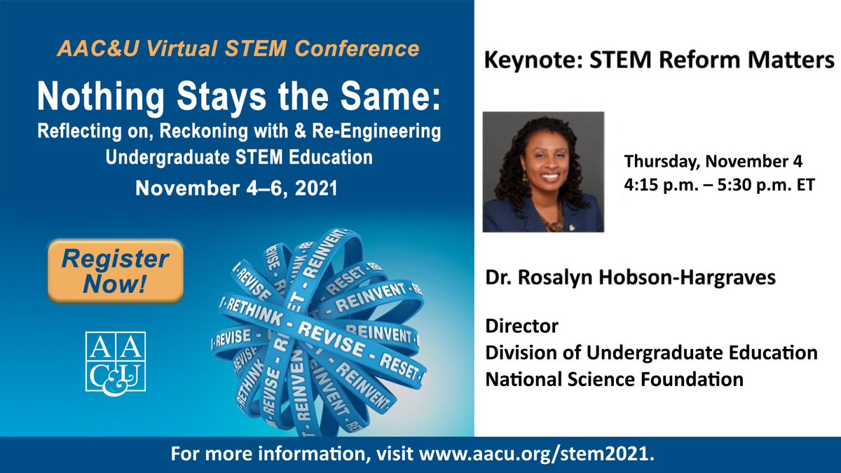 aacu's tweet photo. Join us for the opening keynote, "STEM Reform Matters," at the Virtual Conference on Transforming #STEMHigherEd. Dr. Rosalyn Hobson-Hargraves will explore how educators can drive discovery, innovation, and social change in undergrad STEM reform. #AACUSTEM https://t.co/SqgjtxDkrO https://t.co/1gq9ByXNh5
