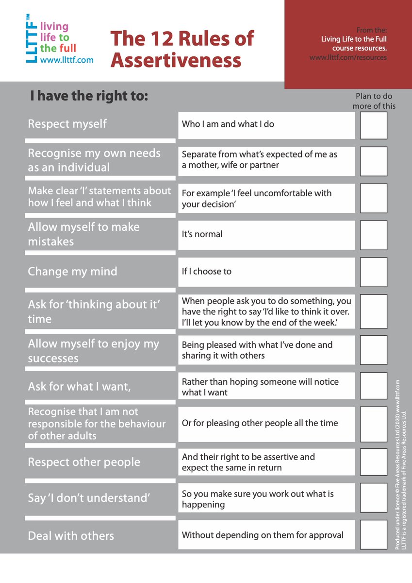 LLTTFNEWS's tweet photo. Do you want to improve your confidence and assertiveness?
➡️ I’m not good enough (confidence head) worksheet
➡️ The 12 Rules of assertiveness
➡️ My OK Things list
Download free worksheets here- https://t.co/zJnXN44yRn
#wellbeingcourse #LLTTF #wellbeing #improvingconfidence https://t.co/pqC0cyaDtC