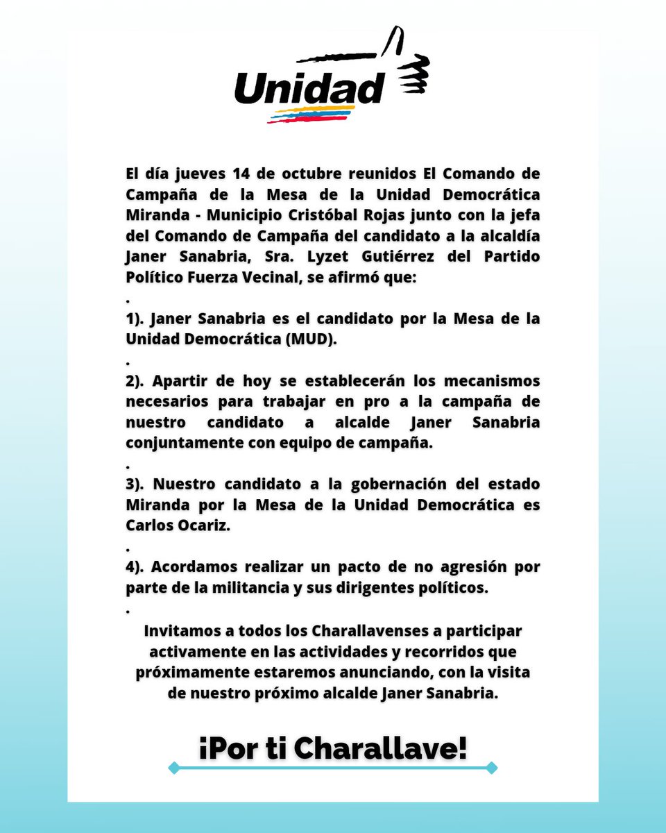 Comunicado oficial de parte de la Mesa de la Unidad Democrática Miranda - Cristobal Rojas. 
#MirandaMereceMas
#AquiEstamos #Unidad
#CharallaveEsUnidad
#ConcejalesUnidosPorCharallave
#EnUnidadPorCharallave