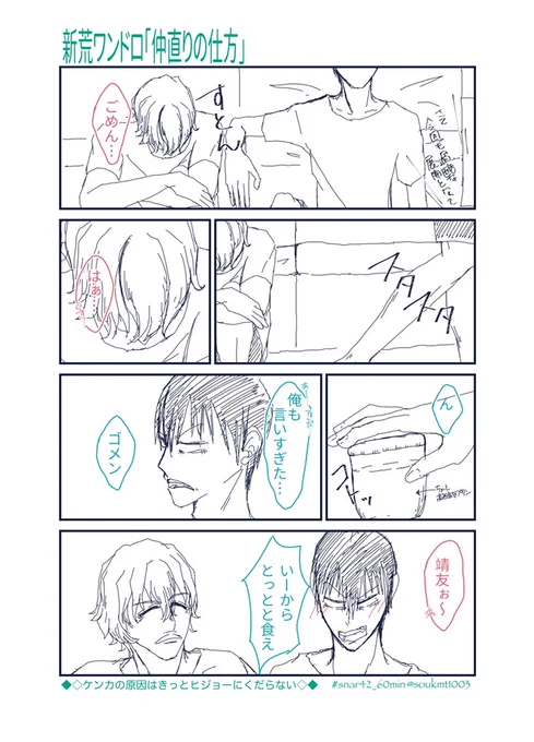 【新荒ワンドロ】
お題「仲直りの仕方」

ケンカの原因は多分チョーくだらないと思う

 #snar42_60min
@snar42_60min 