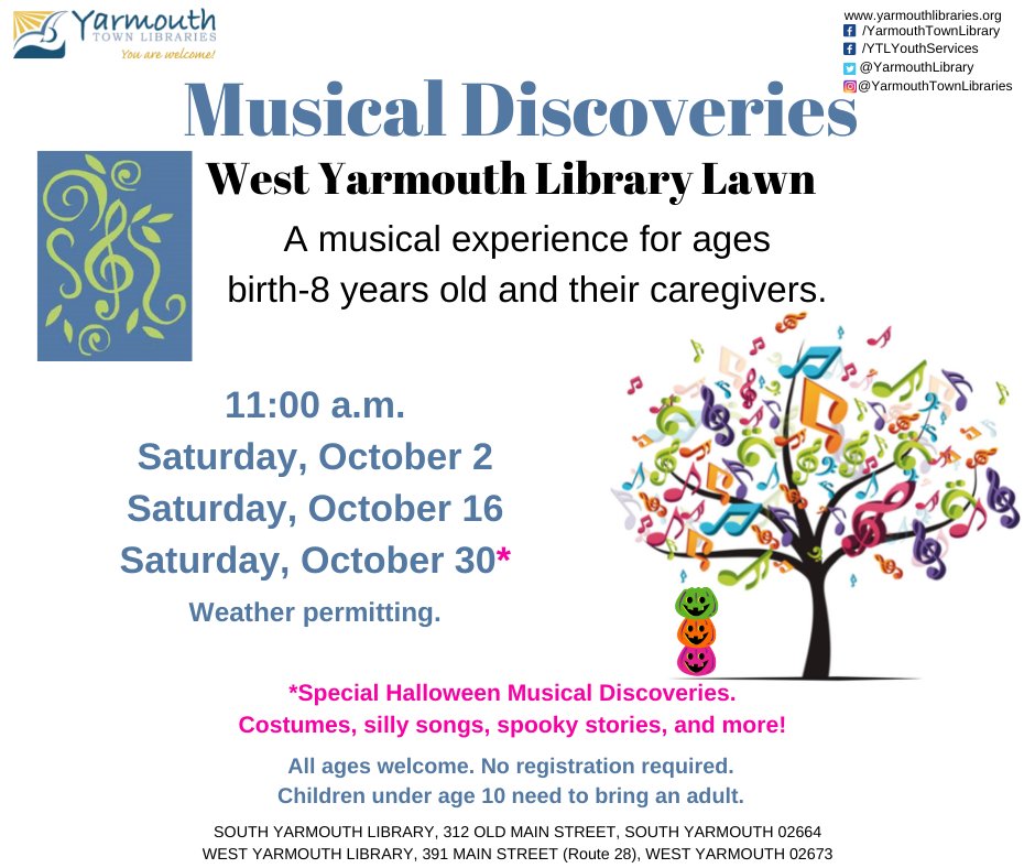 Visit yarmouthlibraries.org, Calendar of Events to find out more about Yarmouth Town Libraries Youth Services programs.