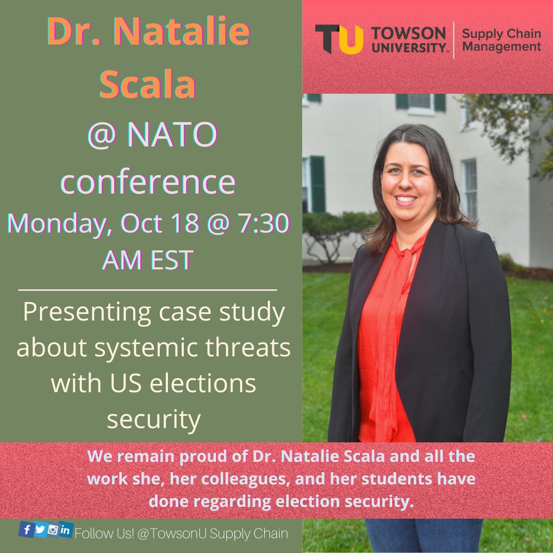TUSupplyChain's tweet photo. Dr. Natalie Scala will be giving a keynote presentation at the virtual NATO conference!   She and Josh Dehlinger, a professor in the Department of Computer &amp; Information Sciences, have conducted research on protecting elections from physical threats and insider risks https://t.co/fTZjAshDVD