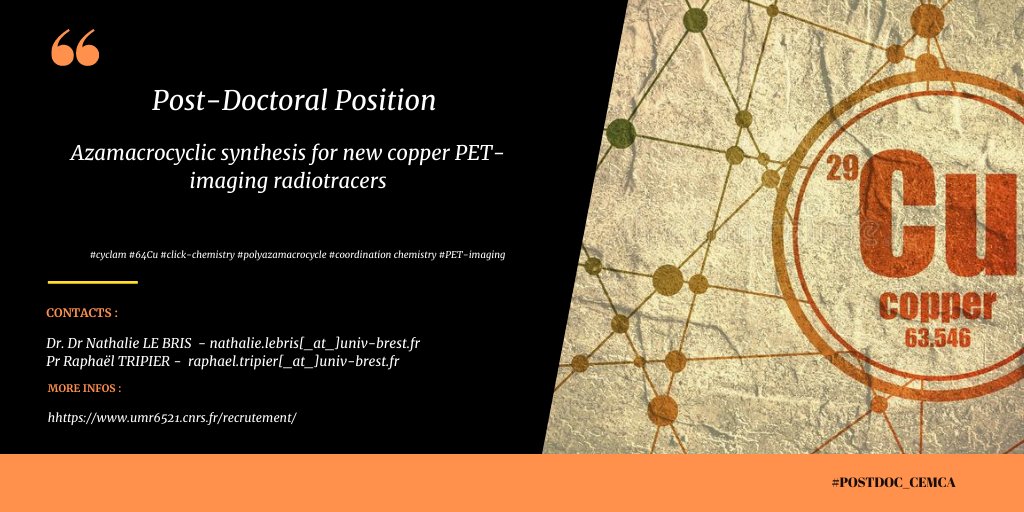 CEMCA - UMR CNRS 6521 (@umr_6521) on Twitter photo #postdoc ⚗️: L'UMR CNRS 6521 à un contrat de postdoctorat à pourvoir !
🥽"#Azamacrocyclic Synthesis for new #copper PET-imaging #radiotracers".
➡️Plus d'info : umr6521.cnrs.fr/recrutement/
<a href="/UBO_UnivBrest/">UBO - Univ. Brest</a> <a href="/CNRS_dr17/">CNRS Bretagne et Pays de la Loire</a> <a href="/Cosm_Cemca/">COSM</a> #chimie #recherche #sante #Cu #postdoc ⚗️: L'UMR CNRS 6521 à un contrat de postdoctorat à pourvoir !
🥽"#Azamacrocyclic Synthesis for new #copper PET-imaging #radiotracers".
➡️Plus d'info : umr6521.cnrs.fr/recrutement/
<a href="/UBO_UnivBrest/">UBO - Univ. Brest</a> <a href="/CNRS_dr17/">CNRS Bretagne et Pays de la Loire</a> <a href="/Cosm_Cemca/">COSM</a> #chimie #recherche #sante #Cu