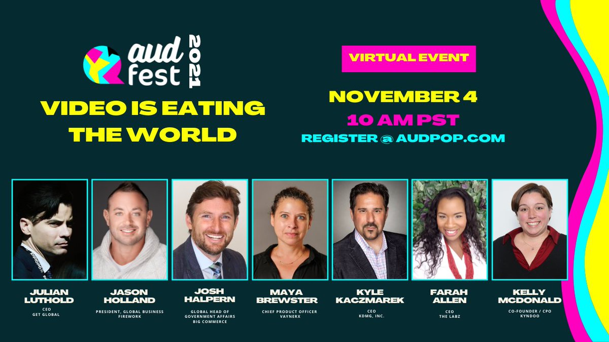 Join us 11/4 @ 10am PST as we explore the future of video storytelling with "Video is Eating the World."
Featuring <a href="/JulianLeuthold/">Julian Leuthold</a> <a href="/jaseholland/">Jason Holland</a> <a href="/elpern/">Josh Halpern</a>, Kyle Kaczmarek of KDMG Media, Maya Brewster of VaynerMediaX, <a href="/ceofarah/">Farah Allen ⚡️</a> &amp; <a href="/theonlykmac/">Kelly McDonald</a>.  audpop.com/audfest/