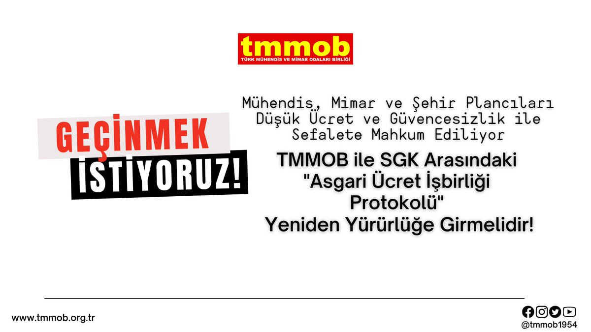 Mühendis, Mimar ve Şehir Plancıları düşük ücret ve güvencesizlik ile sefalete mahkum ediliyor.
TMMOB ile SGK arasındaki "Asgari Ücret İşbirliği Protokolü" yeniden yürürlüğe girmelidir.
#Gecinemiyoruz <a href="/TMMOB1954/">TMMOB</a>