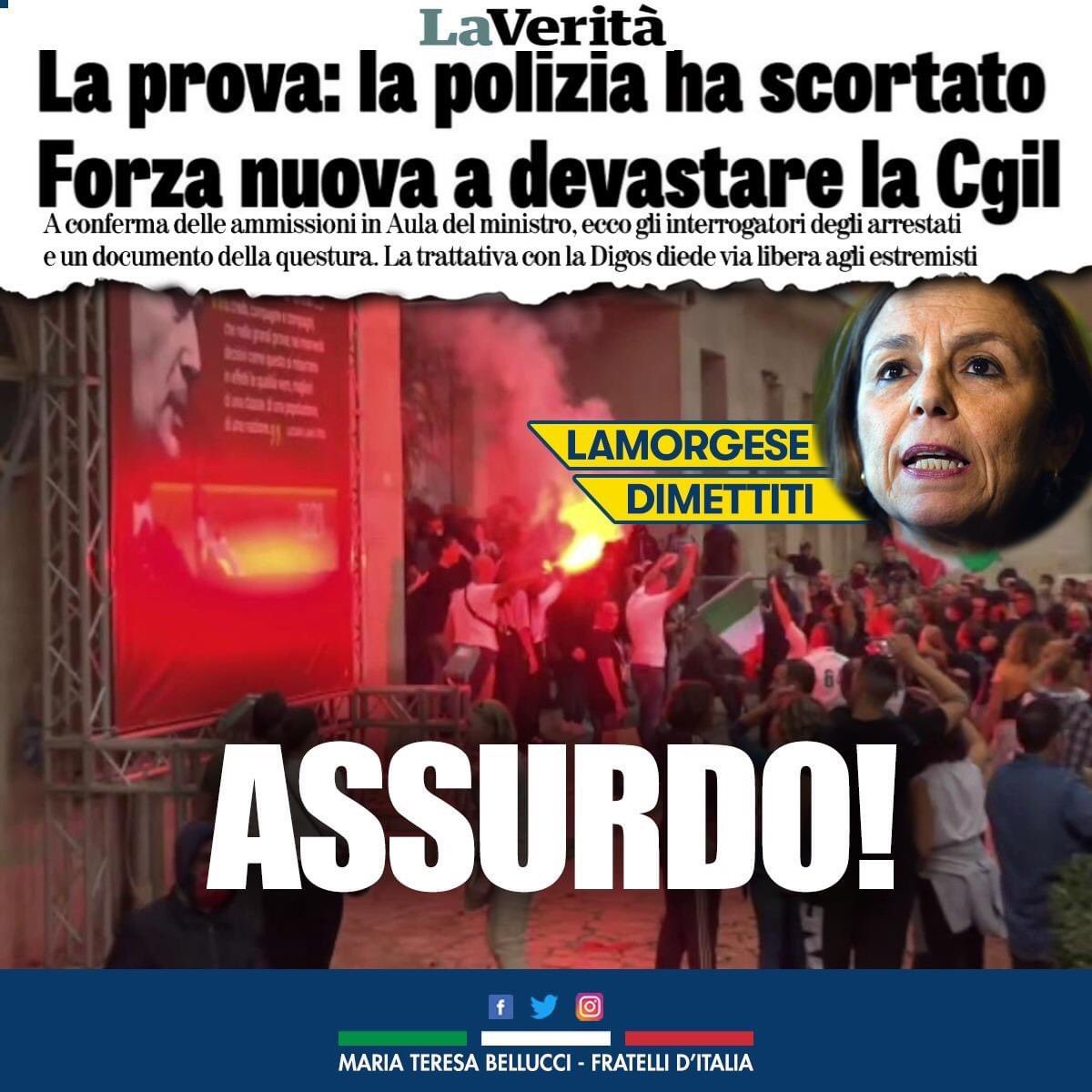 FDI_Parlamento's tweet photo. “Il vergognoso assalto alla sede della CGIL, annunciato 1 ora prima dal palco di Piazza del Popolo poteva essere evitato. Dopo la vergognosa risposta della Lamorgese emergono nuovi preoccupanti particolari sulla gestione dell'ordine pubblico” @MaresaBellucci #FratellidItalia https://t.co/0uN1AzjaPJ