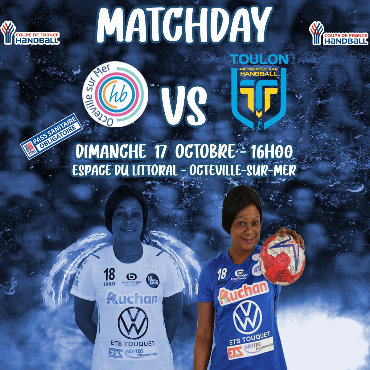 HB_Octeville's tweet photo. 🔥 𝐌𝐀𝐓𝐂𝐇𝐃𝐀𝐘 🔥
👉 Coupe de France 🏆 - Second Tour 🤾♀️ #TousEnBleu
📆 17 octobre ⏰ 16h00 🔜
🏟 Espace du Littoral 📍 Octeville-sur-Mer
🆚 @TMV_Handball ⚡ #teamHBO ⚫🔵
ℹ Pass Sanitaire obligatoire
👋 @VilleDeToulon @MetropoleVar @tinalopez22 https://t.co/DDvXw2owjp