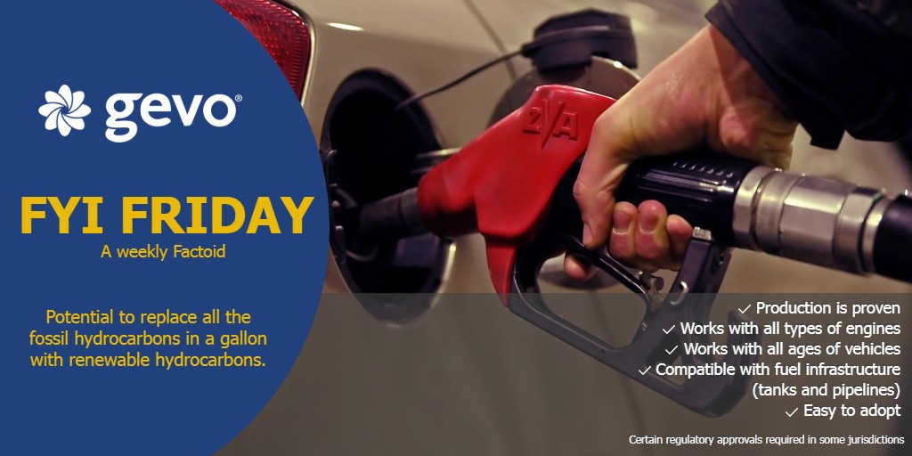 Gevo_Inc's tweet photo. #FYIFriday - @Gevo_Inc renewable gasoline can be a drop-in, there are no performance limitations, it is not an additive, it is gasoline.
https://t.co/WC45kIwuHq
#gevofuels #renewableenergy #decarbonization #reduceGHG #NetZero1 https://t.co/efVrS8ZpKx