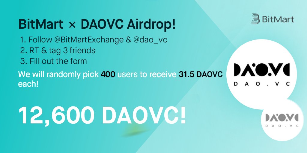 🎉To celebrate <a href="/dao_vc/">DAO.vc</a> listing, we’re giving away 12,600 DAOVC! 
🚀DAOVC/USDT will be avalible within 35 mins
 
1⃣Follow <a href="/BitMartExchange/">BitMart</a> &amp; <a href="/dao_vc/">DAO.vc</a>
2⃣RT and tag 3 frds
3⃣Fill: forms.gle/DgFDsapAp9HG2Z…
 
✨400 lucky winners receive 31.5 DAOVC each !
⏰Enter by 11:59 PM EDT Oct 17