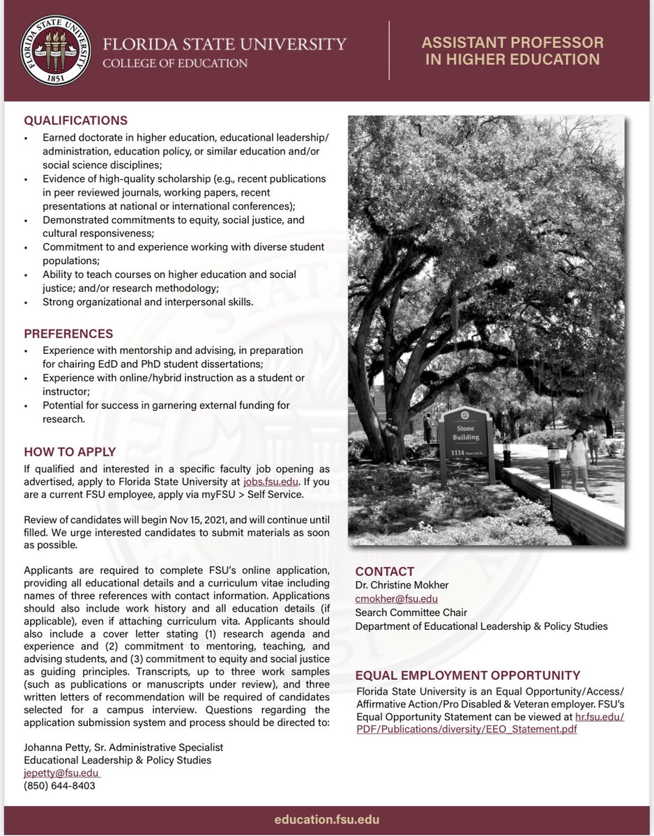 I’m chairing the search committee at Florida State University for a Tenure-Track Assistant Professor in Higher Education with a social justice and equity focus. I’m happy to talk with interested candidates, or meet at the #ASHE2021 FSU reception. Apply at jobs.omni.fsu.edu/psc/sprdhr_er/…