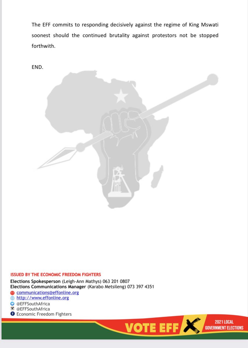 MEDIA STATEMENT:

EFF STATEMENT ON THE CONTINUED PRO-DEMOCRACY PROTEST IN eSWATINI.

#LandAndJobsManje !
#VoteEFF