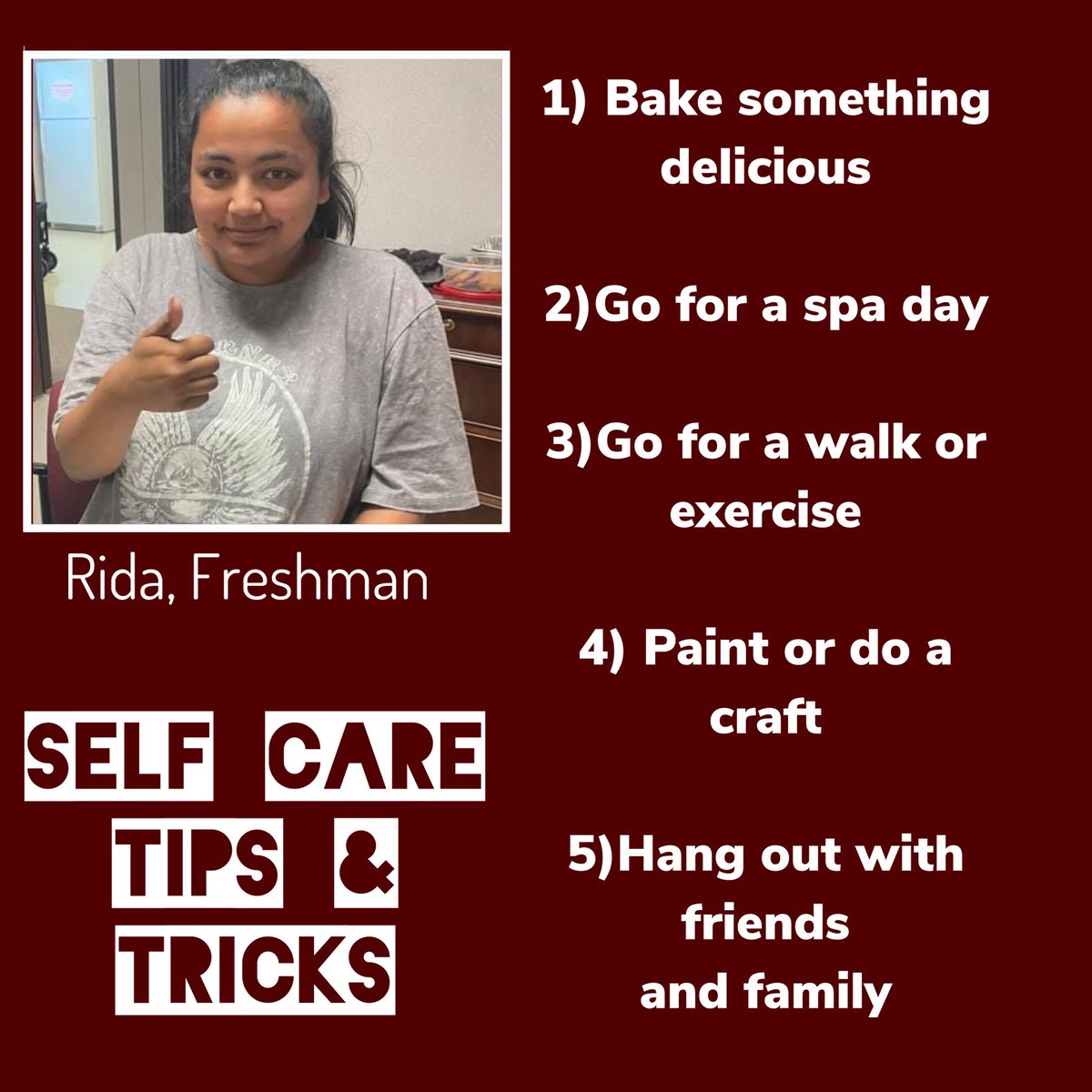 aggieachieve's tweet image. Check out Ridas advice for practicing self care! #tipsandtricksthursday