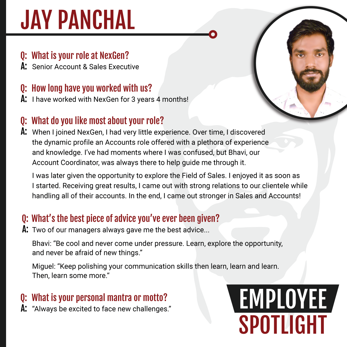 NexGen_Comm's tweet image. We're kicking off our #EmployeeSpotlight series with our talented Senior Account &amp;amp; Sales Executive, Jay Panchal! We want to thank Jay for the dedicated work he provided NexGen.

We will miss his #talent here but are excited to see him continue to grow in his professional #career!