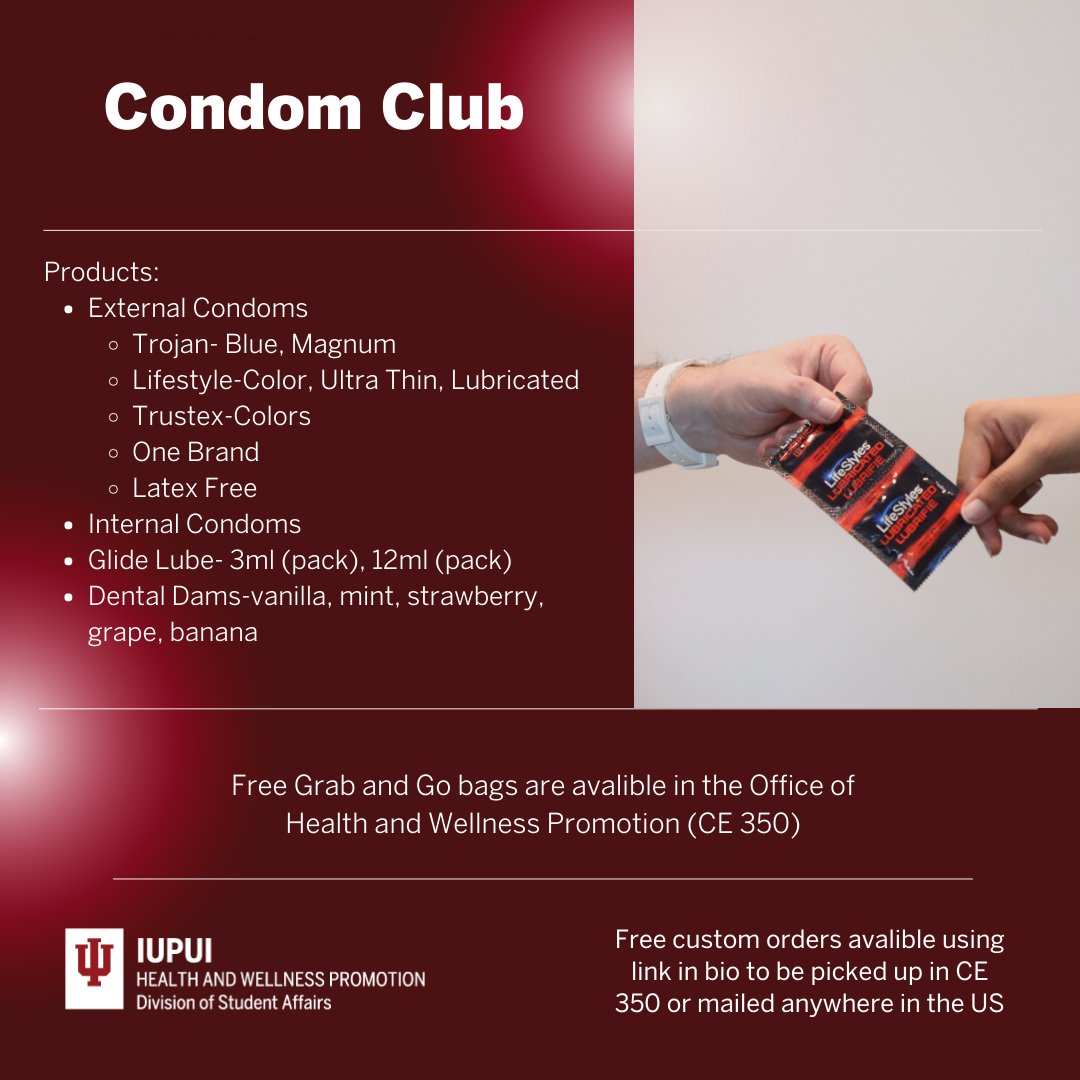IUPUIwellness's tweet photo. IUPUI students don't pay for sexual health products! You can get a variety of products from our office for free! Want to know how to use them? We offer training throughout the semester. https://t.co/TEAxs5EsQp #JagWELL #iupui #CondomClub https://t.co/oQ2HiyDpXp