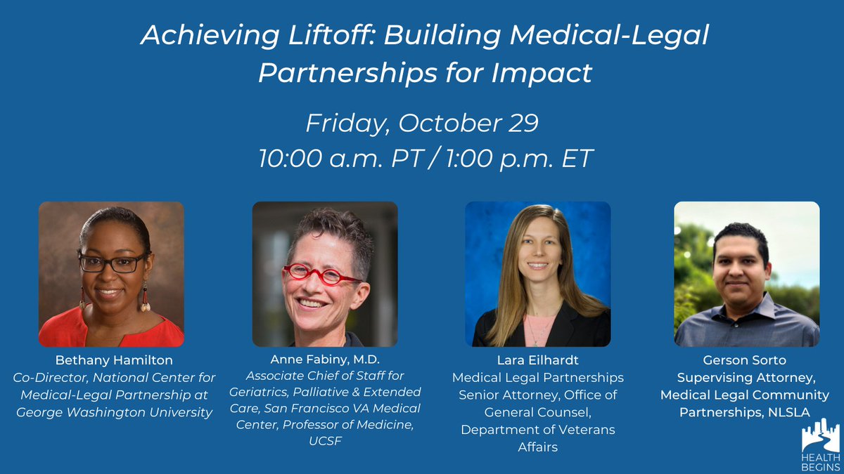 HealthBegins's tweet photo. Medical-legal partnerships (MLP) are more important than ever in #Upstream healthcare.
Join us for a #webinar as our own @ellawton speaks with experts and pioneers in the #medleg movement. CC: @national_mlp @NLSLA @UCSFMedicine @DeptVetAffairs
Register: https://t.co/fOQuTrR2GO https://t.co/eJkQGrwukQ