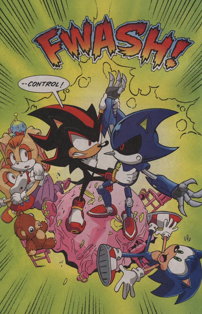 Shadow the Hedgehog has achieved the unique feat of warping between three different comics back to back.

In-universe, he warps from Moebius to the world of Sonic X, over to the Sol Dimension, then back to Mobius.

This goes from StH, to Sonic X, finally ending in Sonic Universe. 