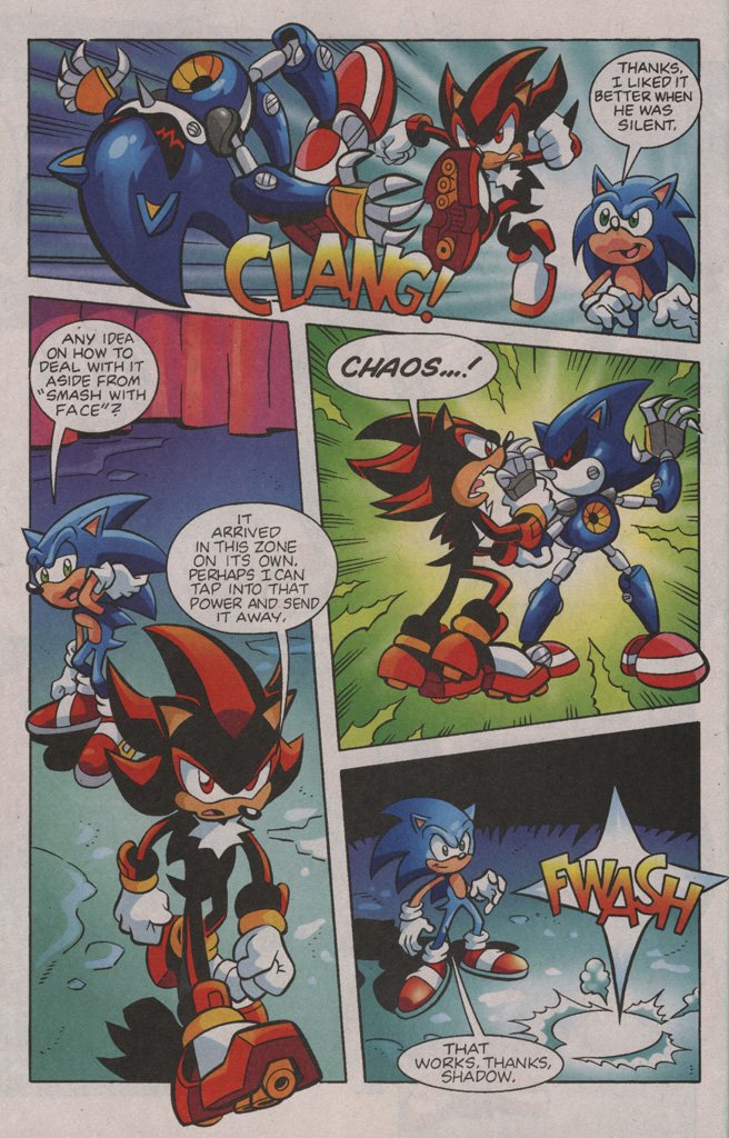 Shadow the Hedgehog has achieved the unique feat of warping between three different comics back to back.

In-universe, he warps from Moebius to the world of Sonic X, over to the Sol Dimension, then back to Mobius.

This goes from StH, to Sonic X, finally ending in Sonic Universe. 