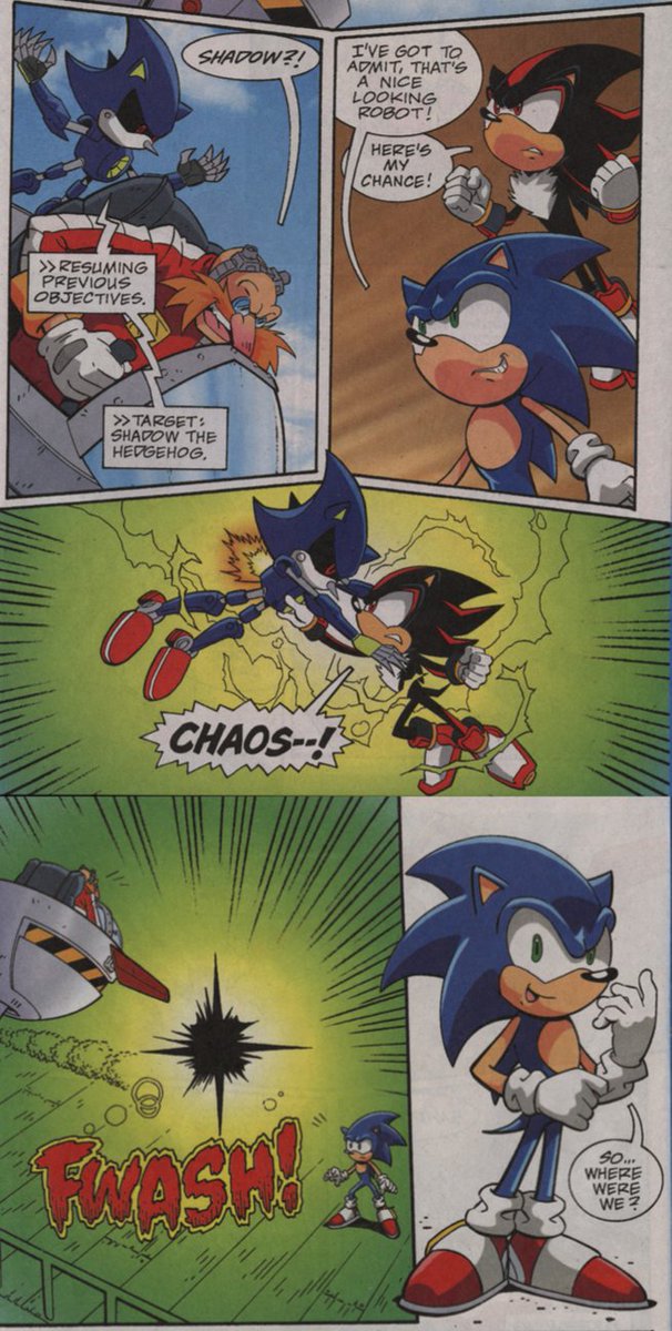 Shadow the Hedgehog has achieved the unique feat of warping between three different comics back to back.

In-universe, he warps from Moebius to the world of Sonic X, over to the Sol Dimension, then back to Mobius.

This goes from StH, to Sonic X, finally ending in Sonic Universe. 