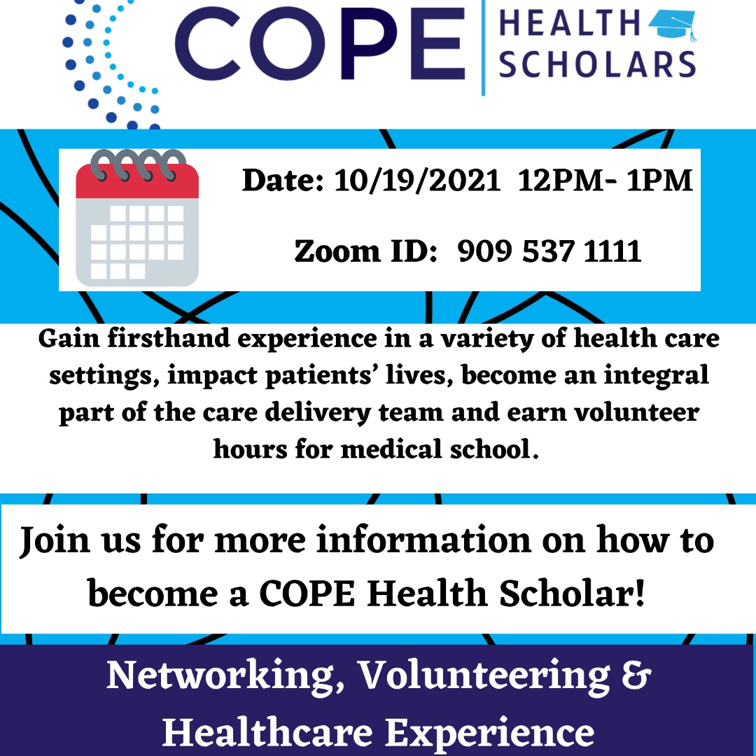 Join us! Next, Tuesday, 10/19/21 from 12-1pm! COPE Health Scholars!
