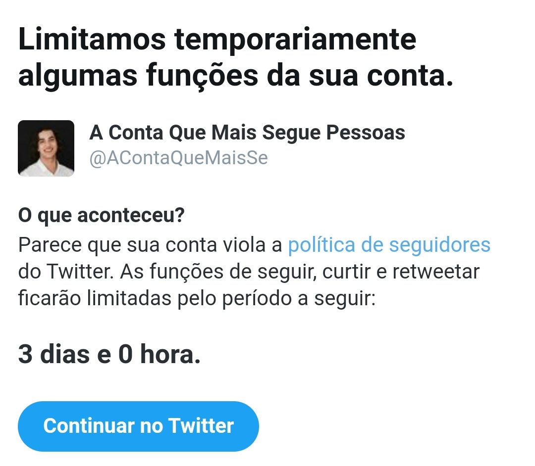 AContaQueMaisSe's tweet photo. Pelo menos eu ainda posso seguir pessoas https://t.co/dGXx5VpAWd