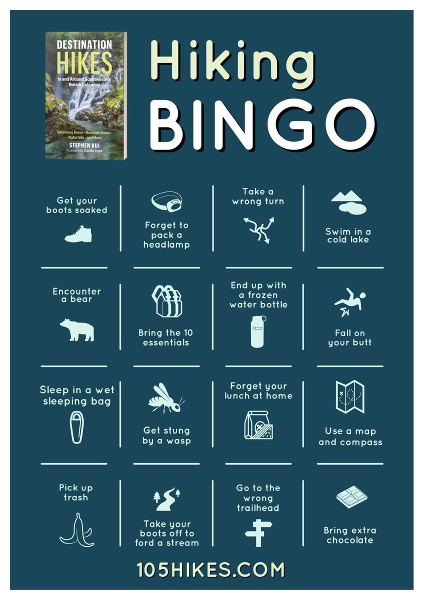 A rainy weekend is finally here after a long season of #hiking.

So let’s play #bingo, shall we? Hiking Bingo, of course.

Tell me, how full is your bingo card?

🔗 105hikes.com/2021/10/14/hik… <a href="/DestinationHike/">Destination Hikes In & Around Southwestern BC</a>