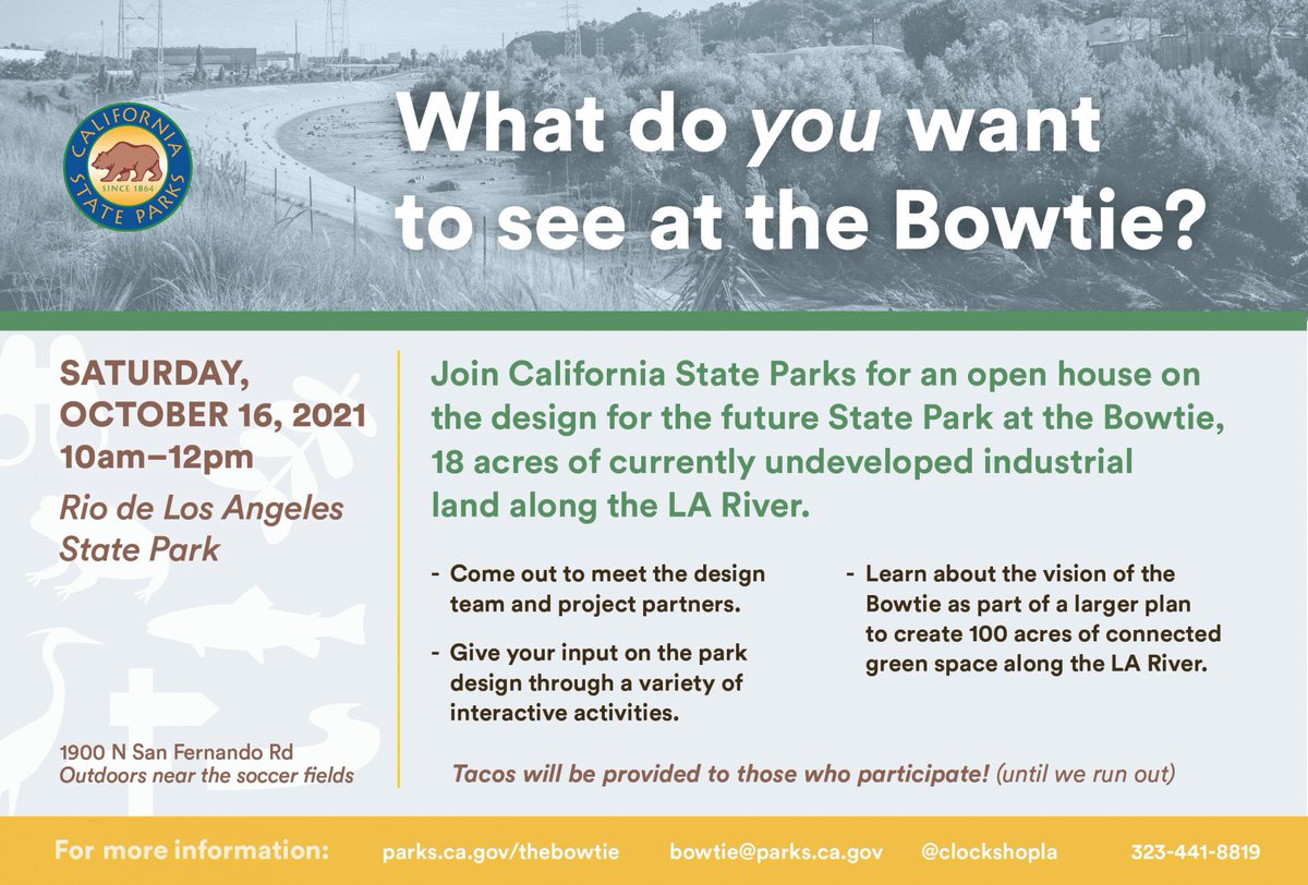 clockshopla's tweet photo. 🌿 Tomorrow 10/16 join @CAStateParks 10am–12pm at Rio de Los Angeles State Park for an open house on the design for the future State Park at the Bowtie.
🌱 Details: https://t.co/XN2B8ZHjjB And read about the Bowtie: https://t.co/Tyn06xRXus #BowtieProject #LARiver #LosAngeles https://t.co/8loTZNhgmw
