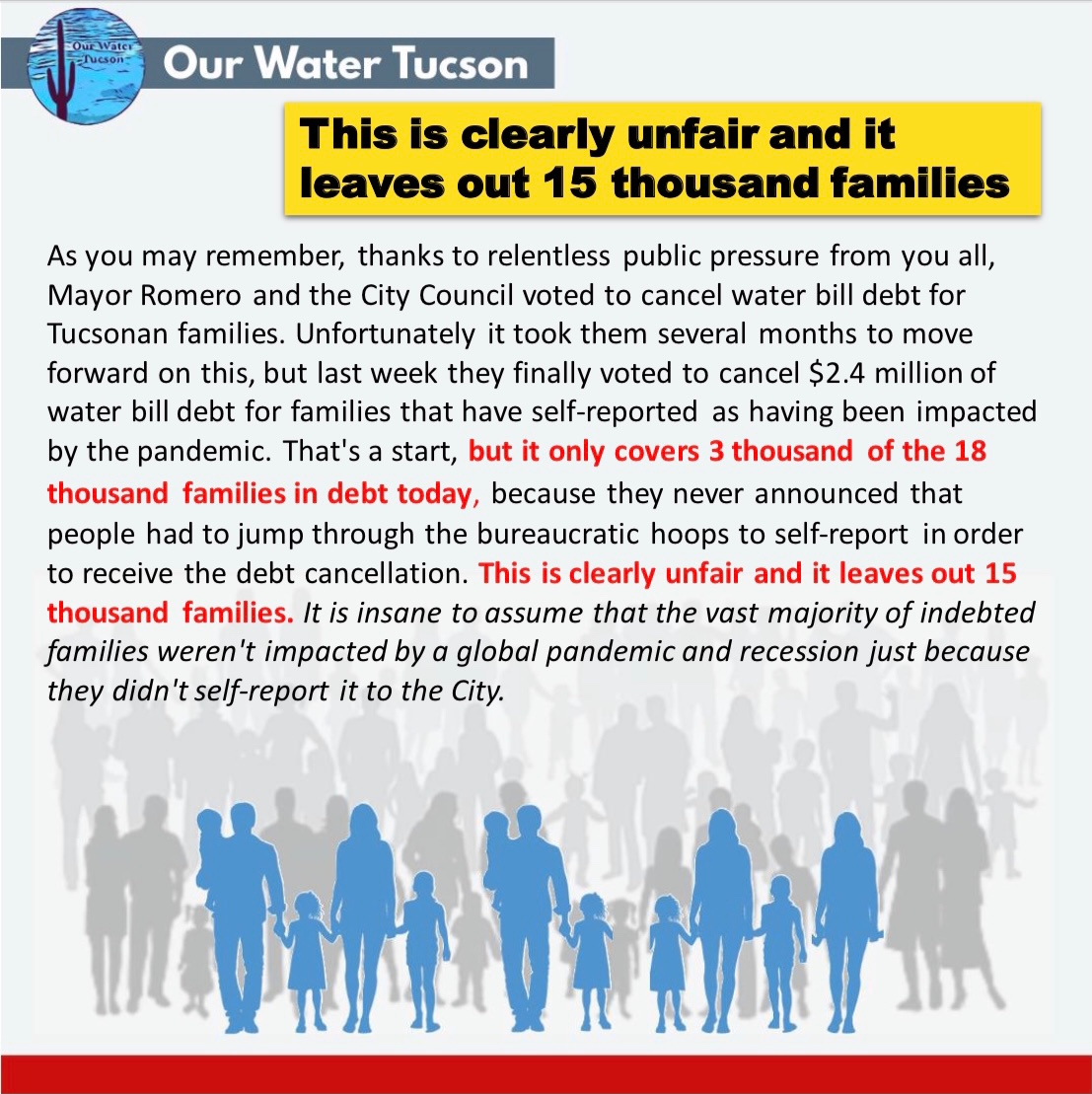 OurWaterTucson's tweet photo. We call on @TucsonRomero and the City Council to fulfill the promise they made in June to cancel water bill debt. Last week they voted to cancel debt for just 17% of the families in debt, unfairly leaving out 15,000 families for unclear and unadvertised reasons. #CancelTheDebt https://t.co/fkPRC594u6