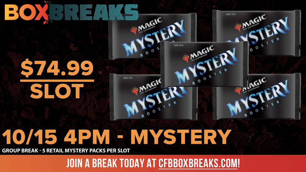 CFBBoxBreaks's tweet photo. Mystery Booster Packs - 5 packs/$75 tonight on box breaks at 4pm PST!

Sign up here:
https://t.co/9F4YIkgZPM

See you tonight! https://t.co/1pOg9l2IeI