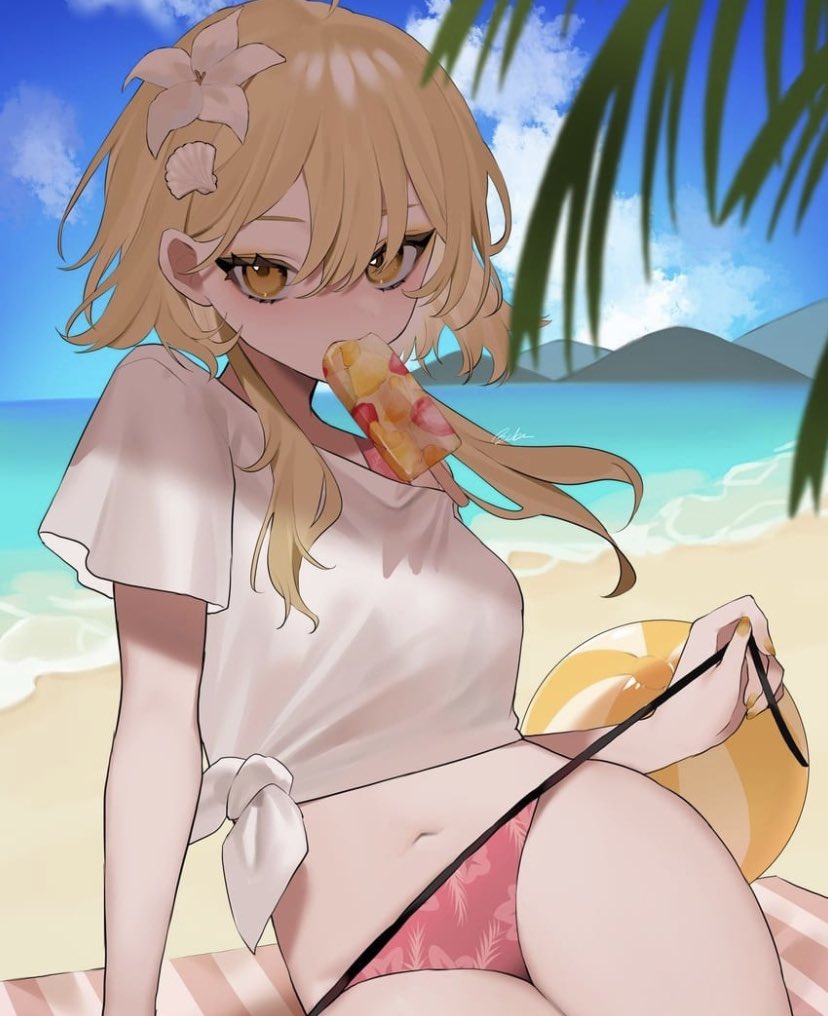 Missing_Kin's tweet image. It was summer out and Lumine was tired of the heat, so she went to the beach and relaxed, she then met The reader there! “Hm..?” She looked over, sucking on a popsicle. She was just about to sun bathe so she was untying her bikini bottoms. 
“Hello reader.”

#girp #lewdrp #openrp