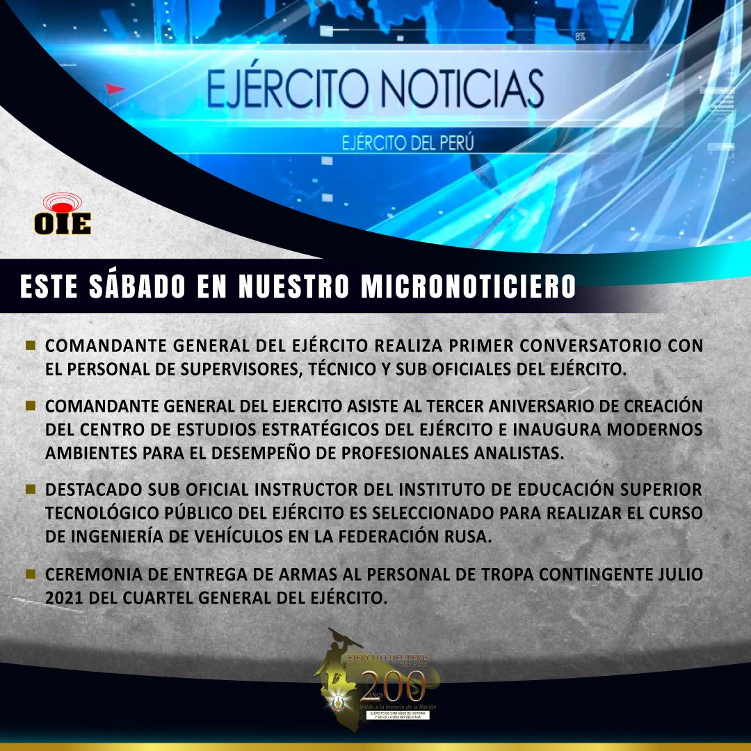 EjercitoPeru's tweet photo. #AnuncioEP | Estimados seguidores, los invitamos cordialmente a sintonizarnos📽🎥👉🗓 el día de mañana, sábado 16 de octubre en nuestro Facebook Oficial Ejército del Perú, para una nueva edición de nuestro micronoticiero #EjércitoNoticias. https://t.co/UTSGfvtPm0