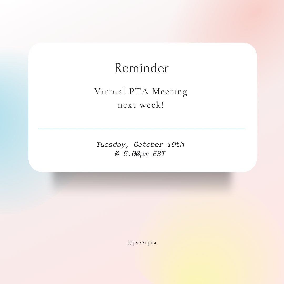 PS221PTA's tweet photo. Please join us for the most up to date school information and the honoring of the October students of the month!
We are many, we are one - PS221! #ps221pta #ps221q #ps221 #wearemanyweareone #ps221strong #thenorthhillschool https://t.co/lrp1H6nUXv