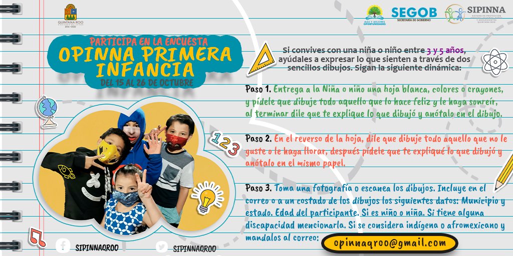 SIPINNAQROO's tweet photo. Escuchar la voz de la niñez es vital para generar acciones en pro de sus derechos. Si convives con 👧👦 niñas y niños de 3 a 5 años, ayúdanos a conocer sus ideas. Participa en la consulta #OpiNNAQRoo #PrimeraInfancia del 15 al 26 de octubre. Sigue las bases aquí: 👇 https://t.co/mWJWq9cRFd